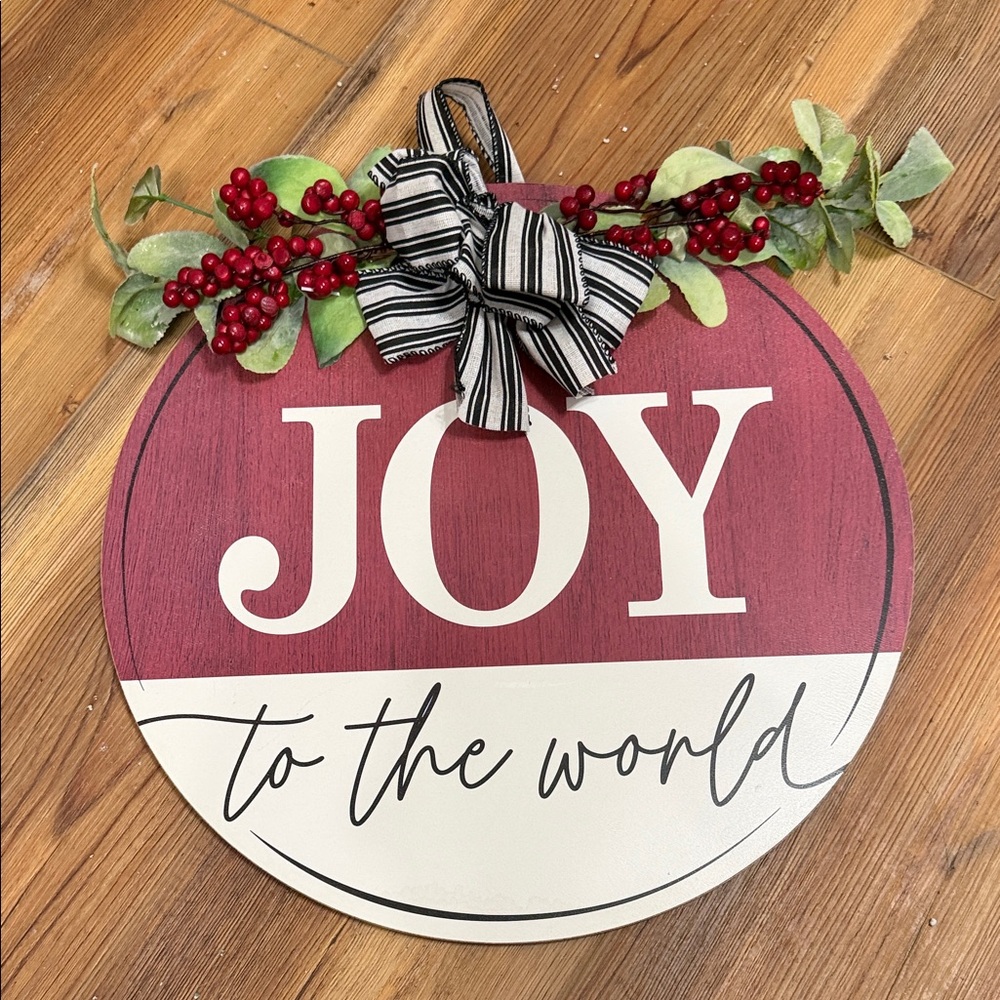 Holiday Time Burgundy and White Joy Sign with Striped Bow